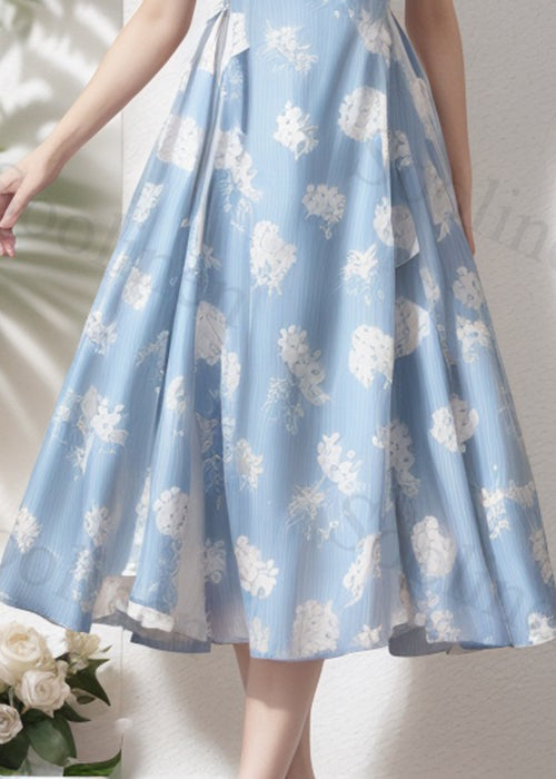 Blue Ruffled Print High Waist Silk Dress Summer