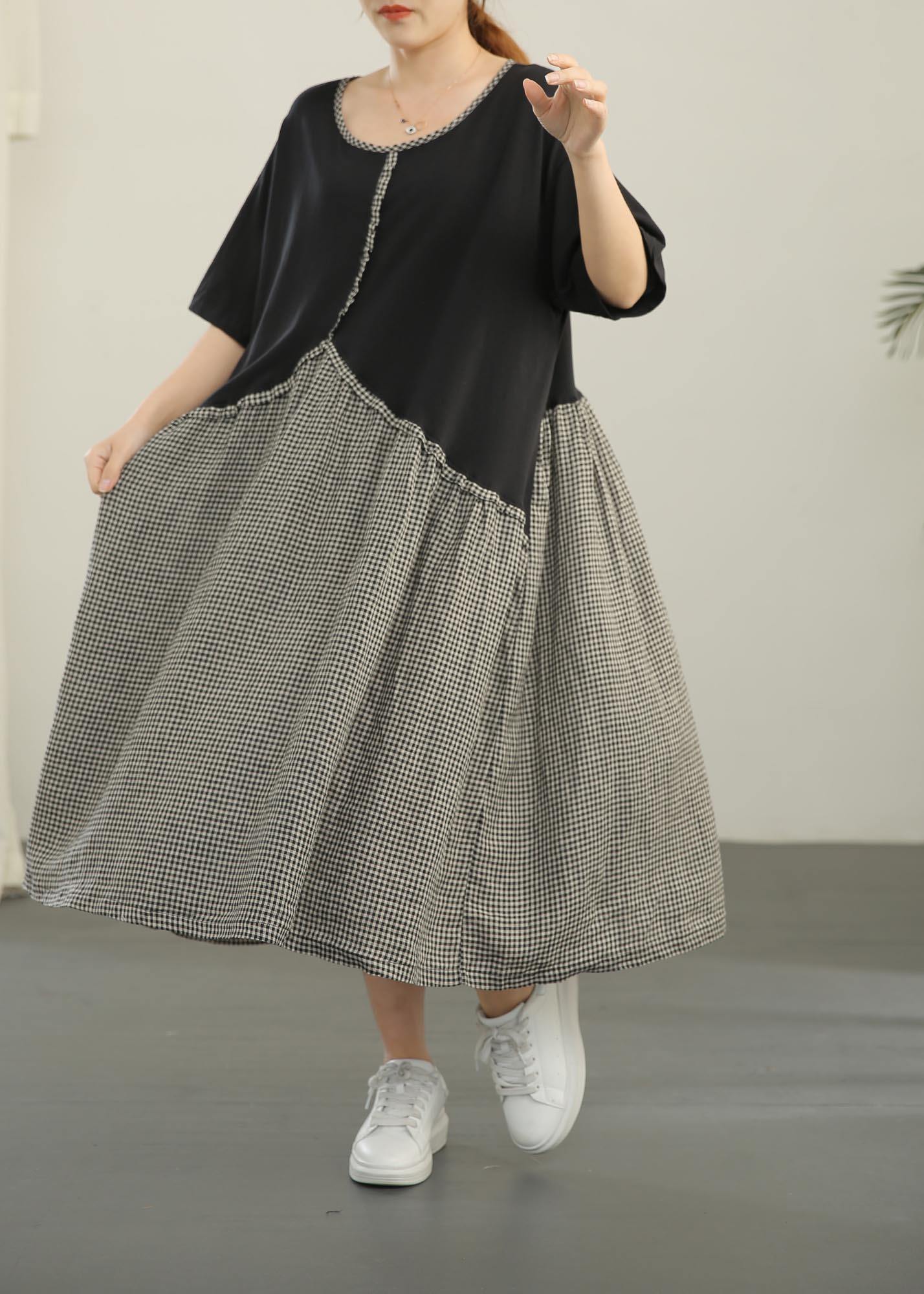 Loose Black Patchwork Plaid Asymmetrical Design Dresses Summer Cotton Linen