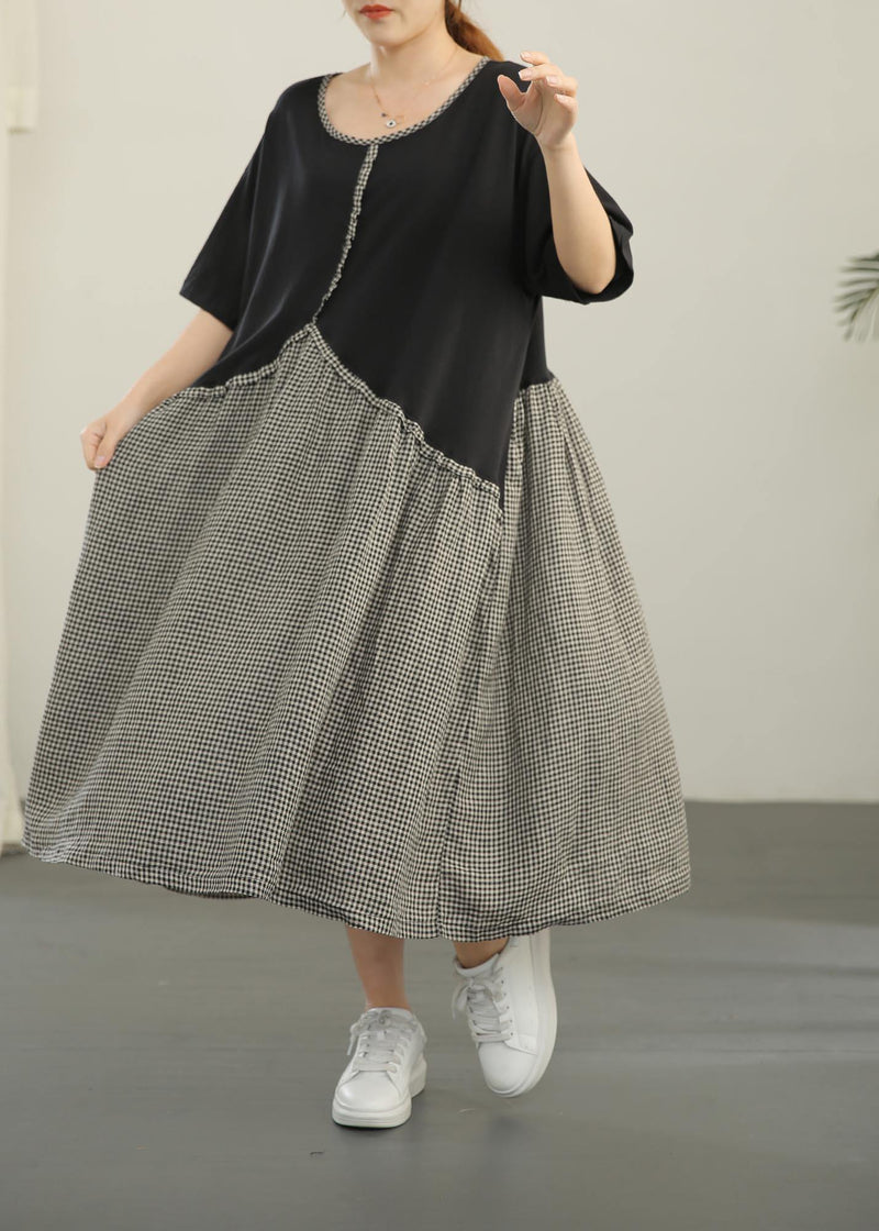 Loose Black Patchwork Plaid Asymmetrical Design Dresses Summer Cotton Linen