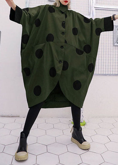 Loose Army Green Asymmetrical Design Peter Pan Collar Dot Print Trench Coats Spring