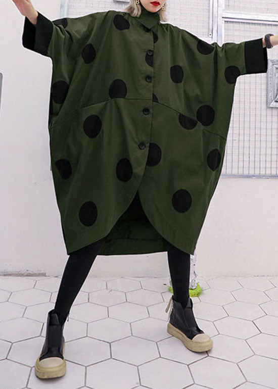 Loose Army Green Asymmetrical Design Peter Pan Collar Dot Print Trench Coats Spring