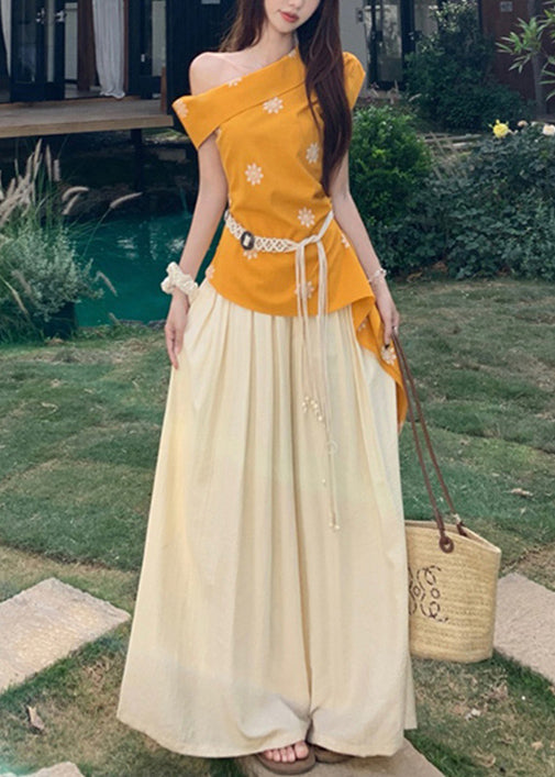New Yellow Cold Shoulder Print Tops and Beige Wide Leg Pants Cotton Two Pieces Set Summer