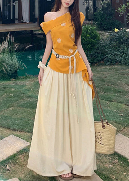 New Yellow Cold Shoulder Print Tops and Beige Wide Leg Pants Cotton Two Pieces Set Summer