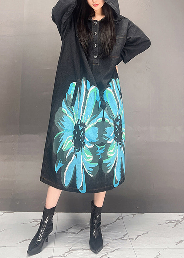 Loose Black Hooded Print Denim Long Dress Fall