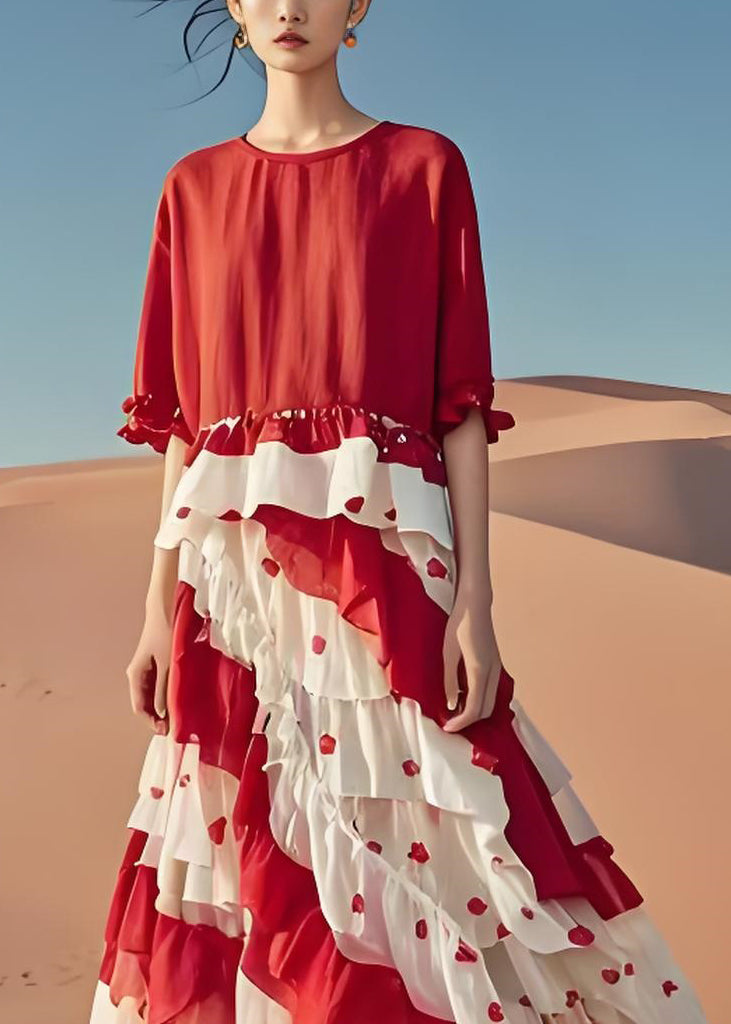 Stylish Red O-neck Ruffled Patchwork Cotton Dress Summer