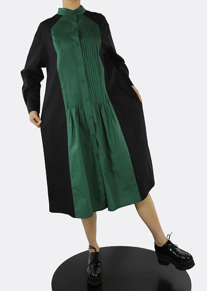 Classy Green Stand Collar Button Patchwork Shirt Dresses Spring