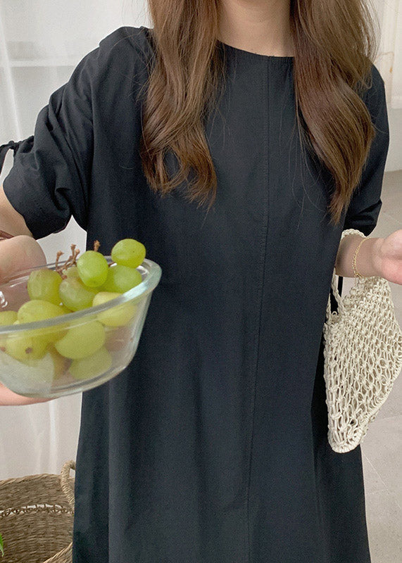 Black O-neck Drawstring Cotton Long Dress Summer
