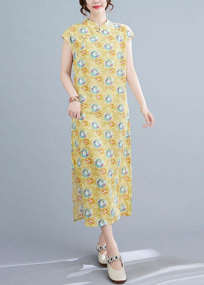Yellow Print Cotton Dress Oriental Summer Vacation Dresses