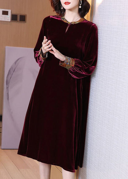 French Wine Red O-neck Pockets Silk Velour Dress Spring