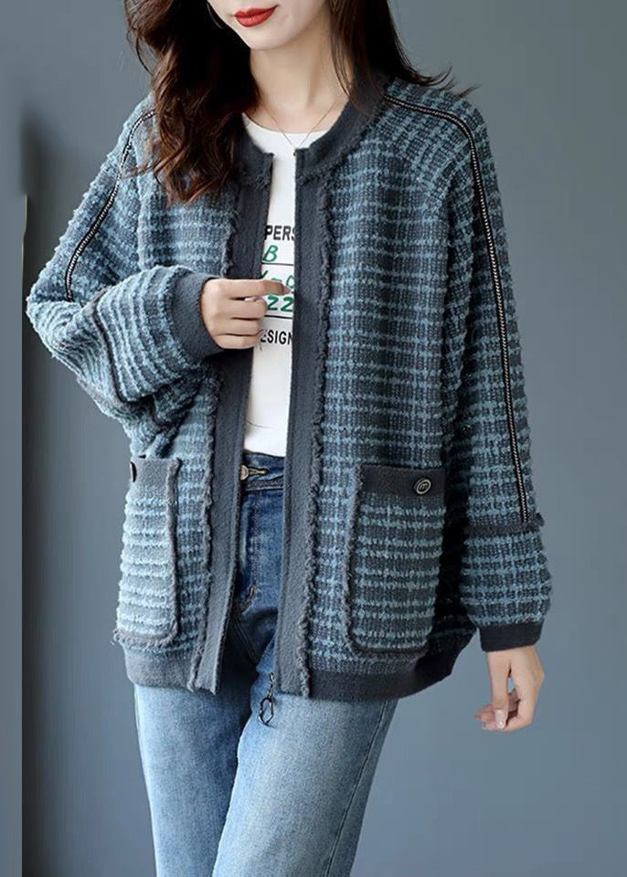 Handmade Blue O-neck Zippered Striped Patchwork Pockets Coats Long Sleeve