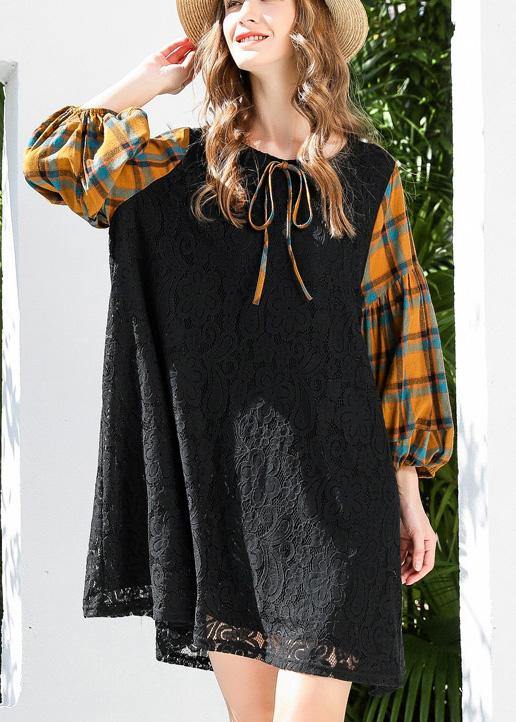Stylish Black Patchwork Lantern Sleeve Lace Maxi Dress Summer