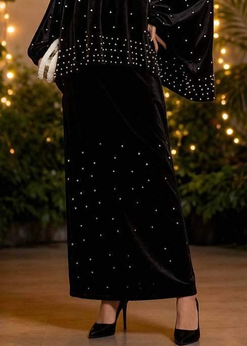 Black Oversized Nail Bead Silk Velvet Two Piece Set Clothing Spring