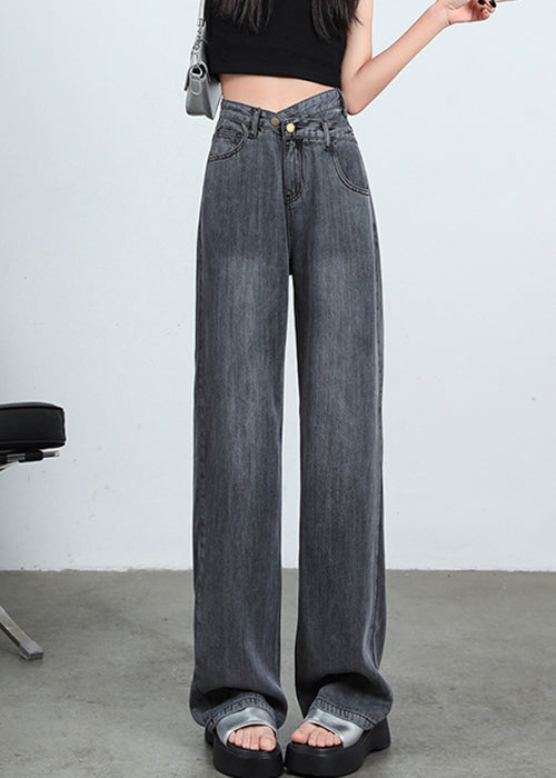 Grey Button High Waist Denim Pants Spring