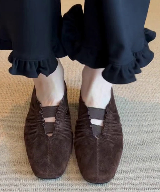 Brown Suede Wrinkled Splicing Flat Shoes for