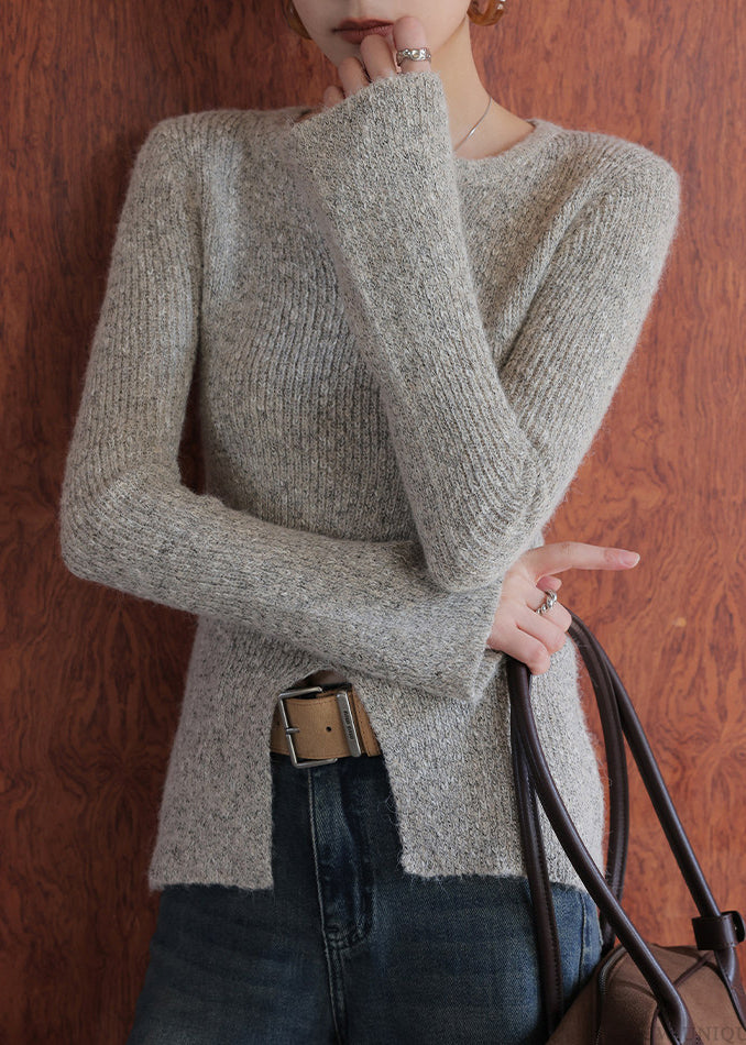 Oat Color V Neck Side Open Cotton Knit Sweaters Flare Sleeve