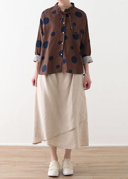 Spring Chocolate Dot Contrast Linen Blouse
