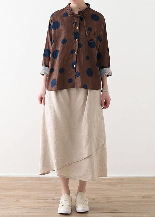Spring Chocolate Dot Contrast Linen Blouse