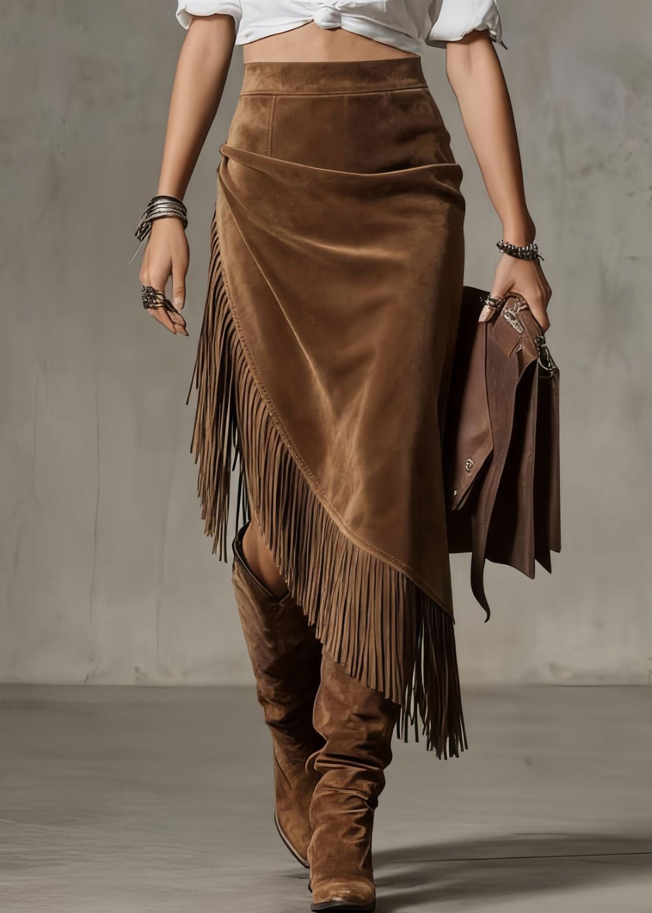Chocolate Asymmetrical Tasseled High Waist Faux Suede Skirt Spring