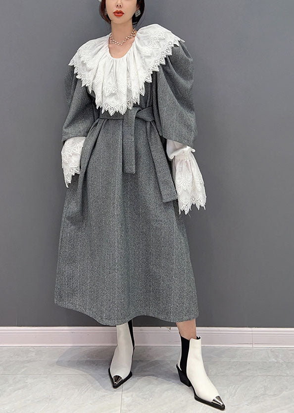 Grey Oversized Woolen Cinch Dress Two Pieces Set Spring