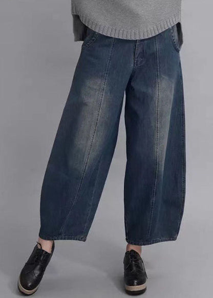 French Navy Button Pockets Lantern Fall Denim Pants