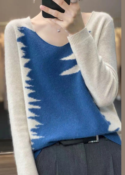 Blue V Neck Patchwork Cozy Top Long Sleeve