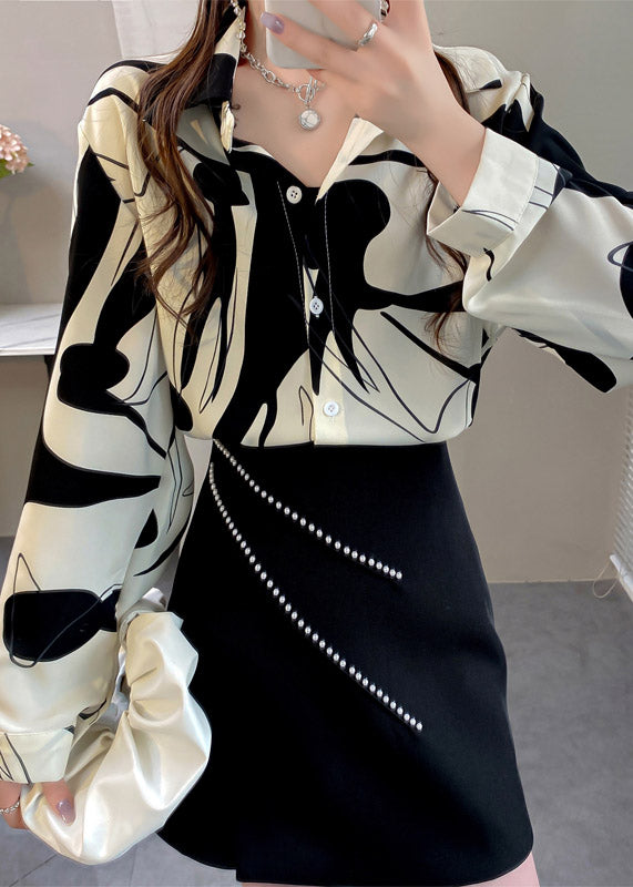 White Peter Pan Collar Print Button Chiffon Shirt Long Sleeve