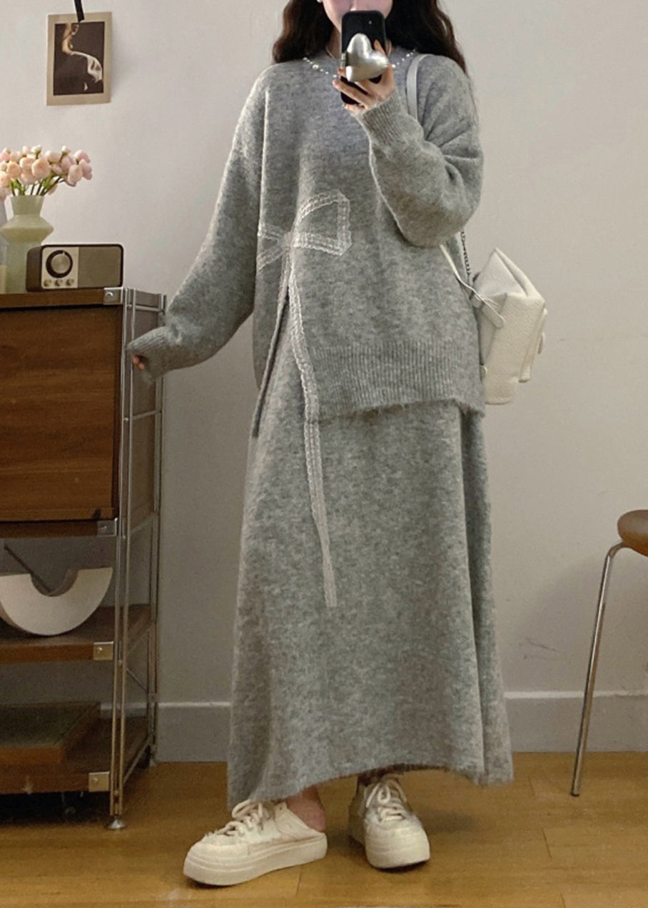 Handmade Light Grey Bow Side Open Knit Two Piece Set Clothing Winter