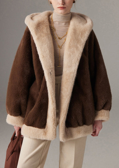 Coffee Pockets Patchwork Mink Hair Winter Coat Hooded