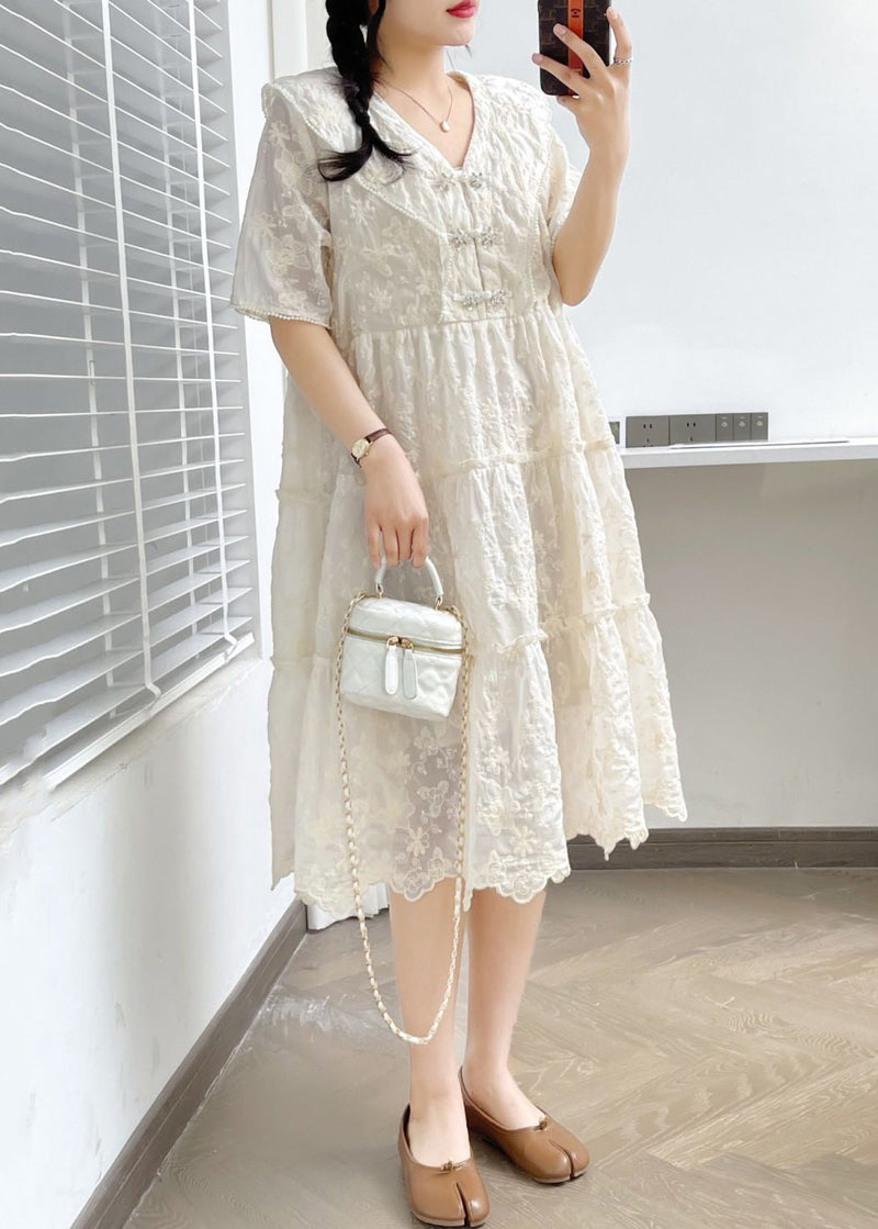 White V Neck Button Ruffled Cotton Dress Summer