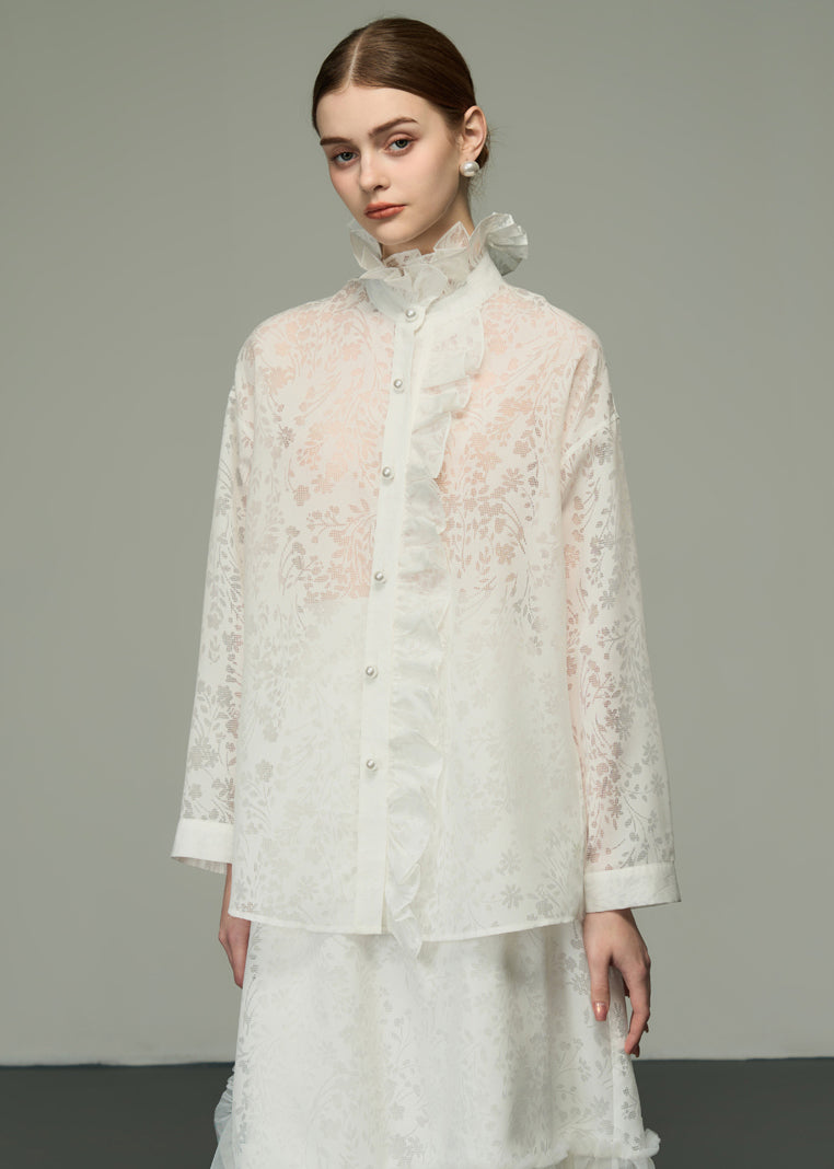 White Ruffled Jacquard Patchwork Silk Shirts Tops Long Sleeve