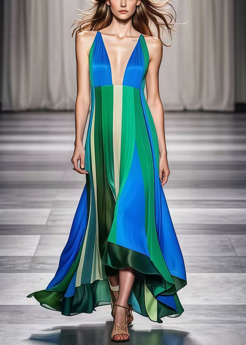 Colorblock V Neck Patchwork Exra Large Hem Silk Ankle Dress Summer