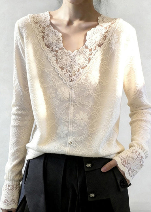White V Neck Patchwork Jacquard Lace Shirt Tops Spring