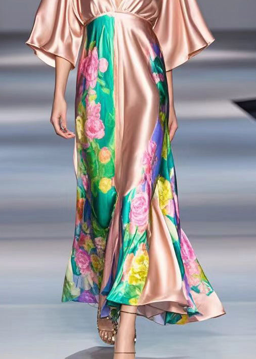 Rubber Red V Neck Print Draping Silk Dress Summer
