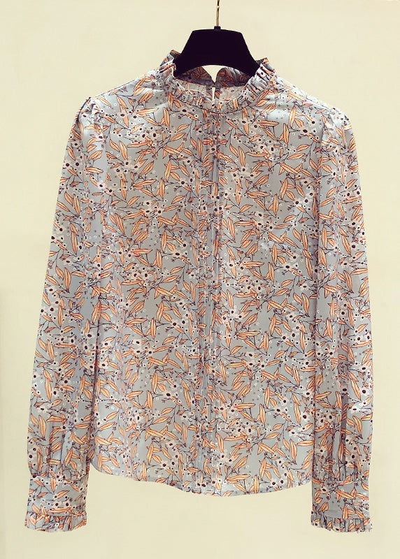 Stand Collarc Ruffled Print Chiffon Shirts Spring