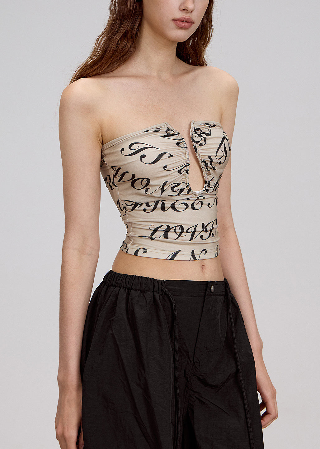 Khaki Print Hollow Out Cotton Strapless Top Summer