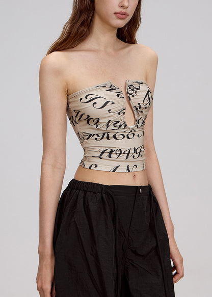 Khaki Print Hollow Out Cotton Strapless Top Summer