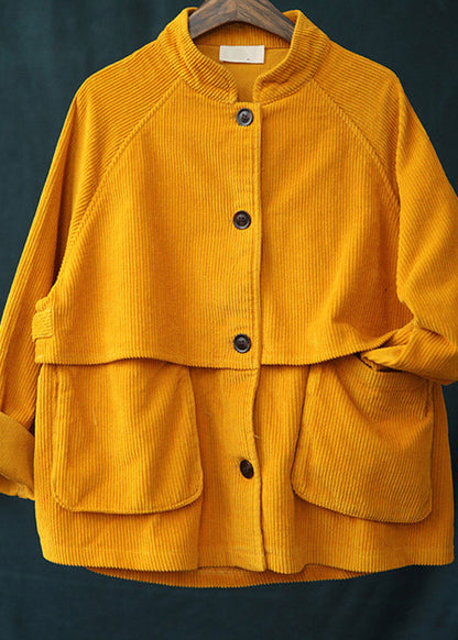 Yellow Stand Collar Patchwork Button Corduroy Coats Spring