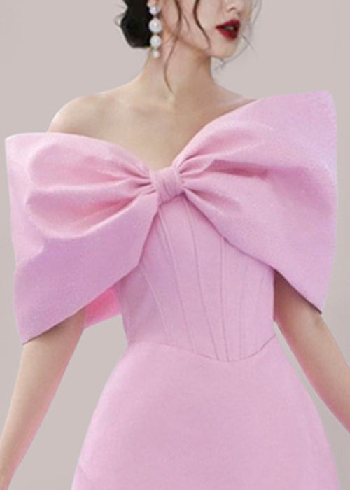 Pink Bow Cotton Mid Dress Summer