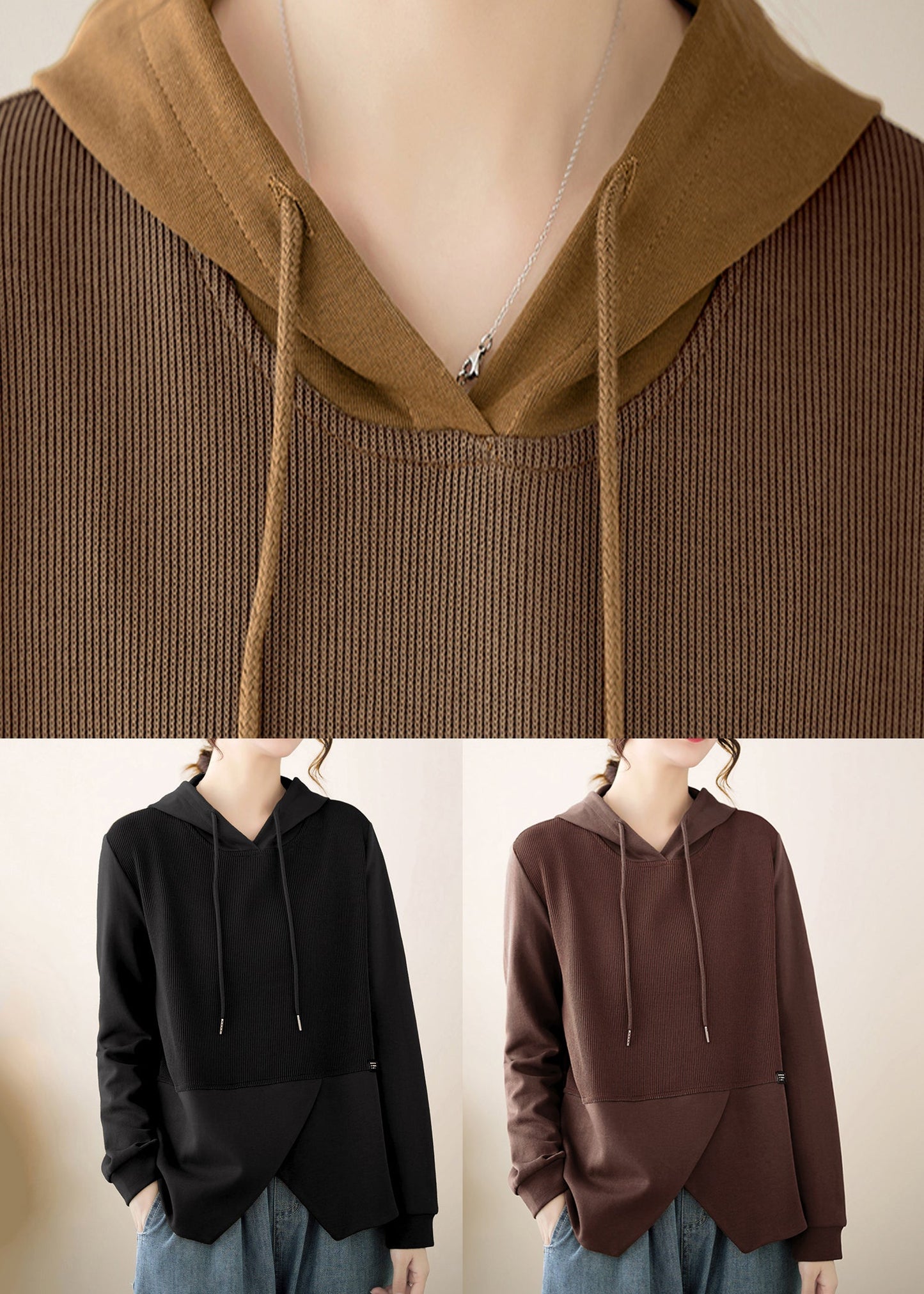 Coffee Asymmetrical Ruffled Patchwork Cotton Hooded Top Fall