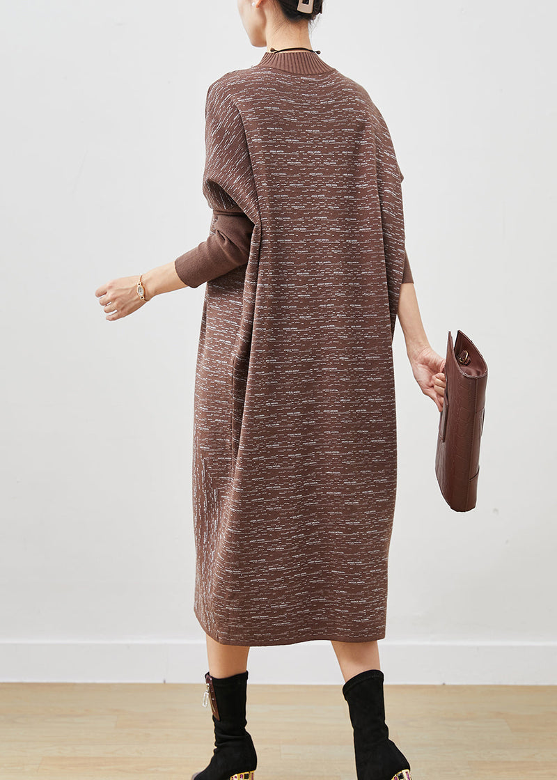 Italian Coffee Stand Collar Patchwork Knit Sweater Dress Spring