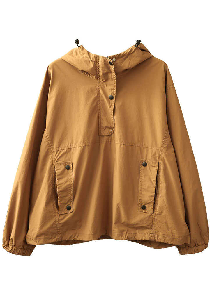 Khaki Hooded Button Pockets Fall Shirt Long Sleeve