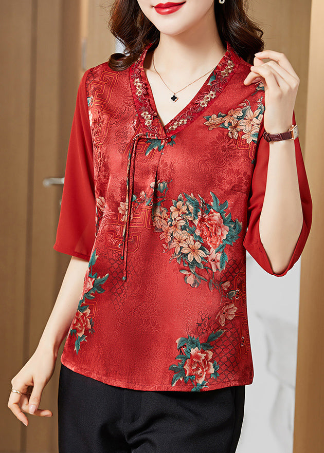 Red V Neck Embroideried Patchwork Silk Blouse Top Half Sleeve