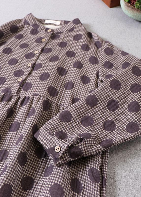Purple Button Patchwork Pockets Fall Print Party Dress Long Sleeve