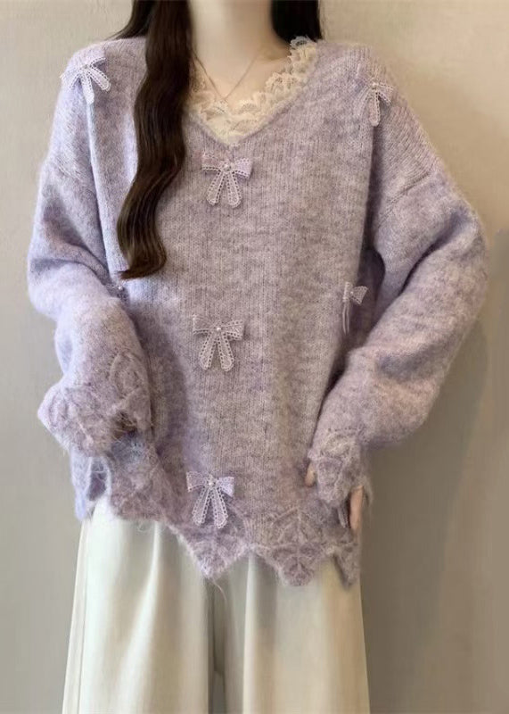 Purple V Neck Lace Bow Knit Sweater Tops Winter