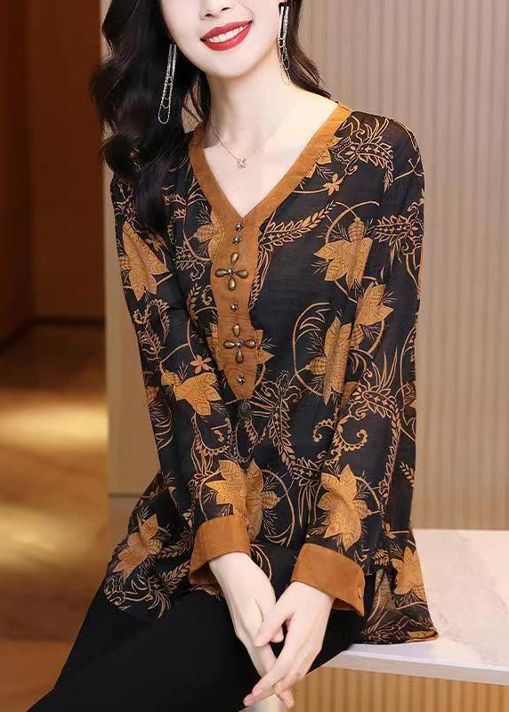 Yellow V Neck Print Patchwork Silk Shirt Top Fall