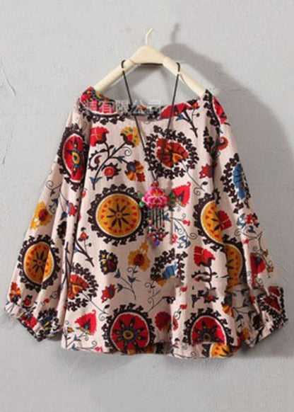 Red O-neck Print Cotton Top Long Sleeve