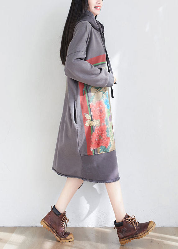 Unique Grey Drawstring Hooded Print Dresses Spring