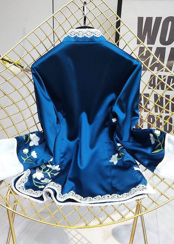 Blue Embroideried Stand Collar Patchwork Silk Tops Half Sleeve