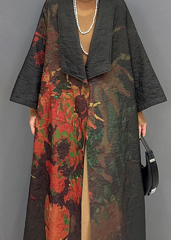 Black Asymmetrical Print Long Trench Coats Long Sleeve Fall