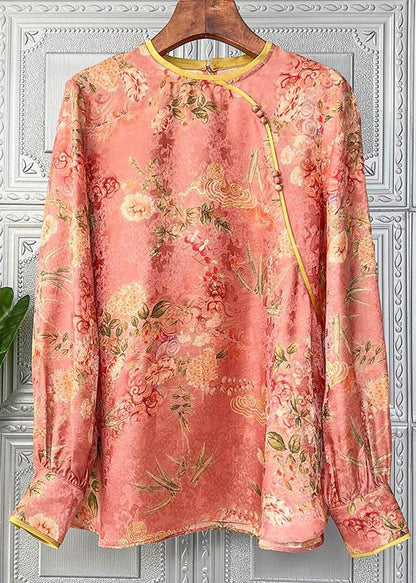 Chinese Style Print O-neck Patchwork Silk Tops Fall